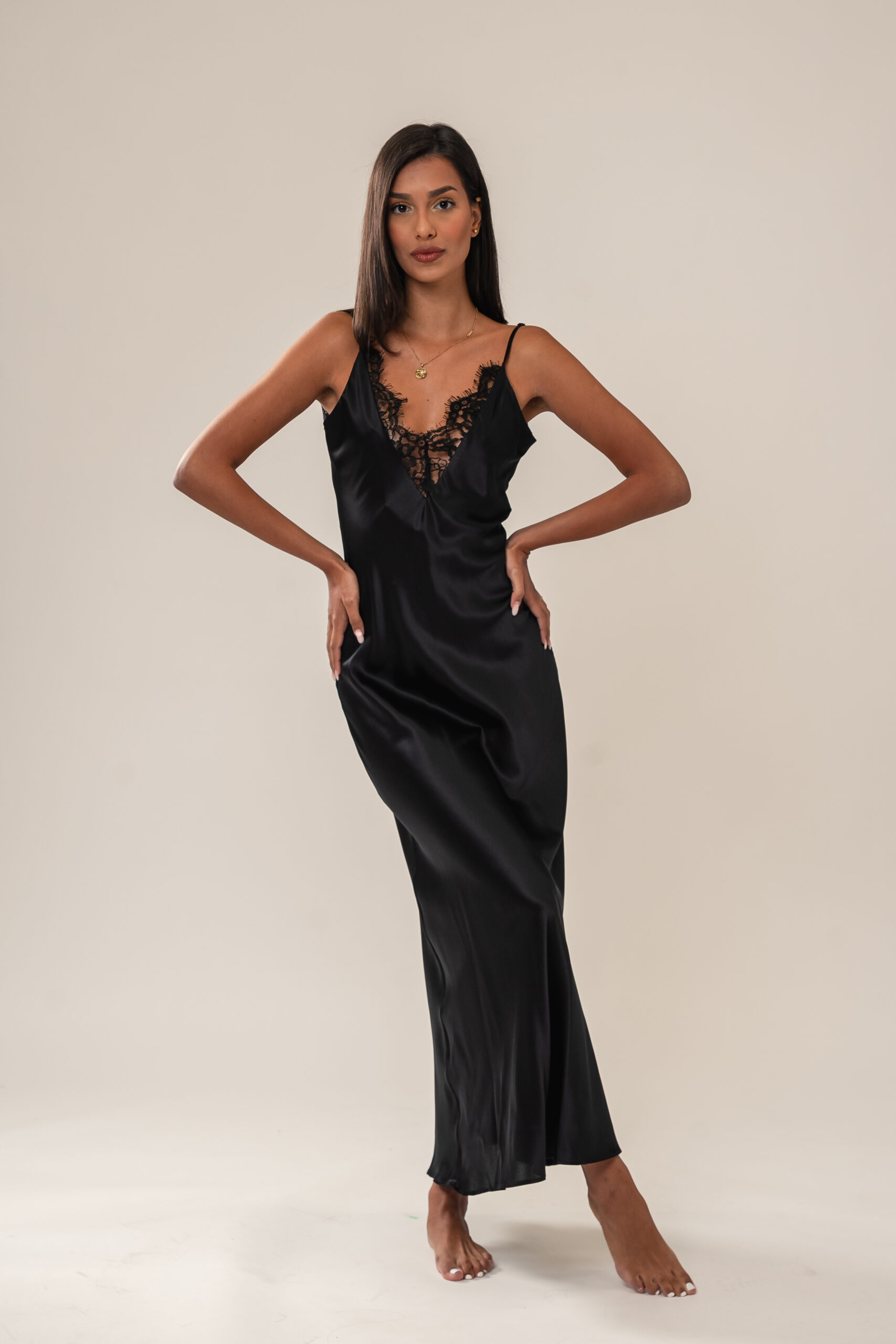 Onyx black silk long nightgown with delicate chantily