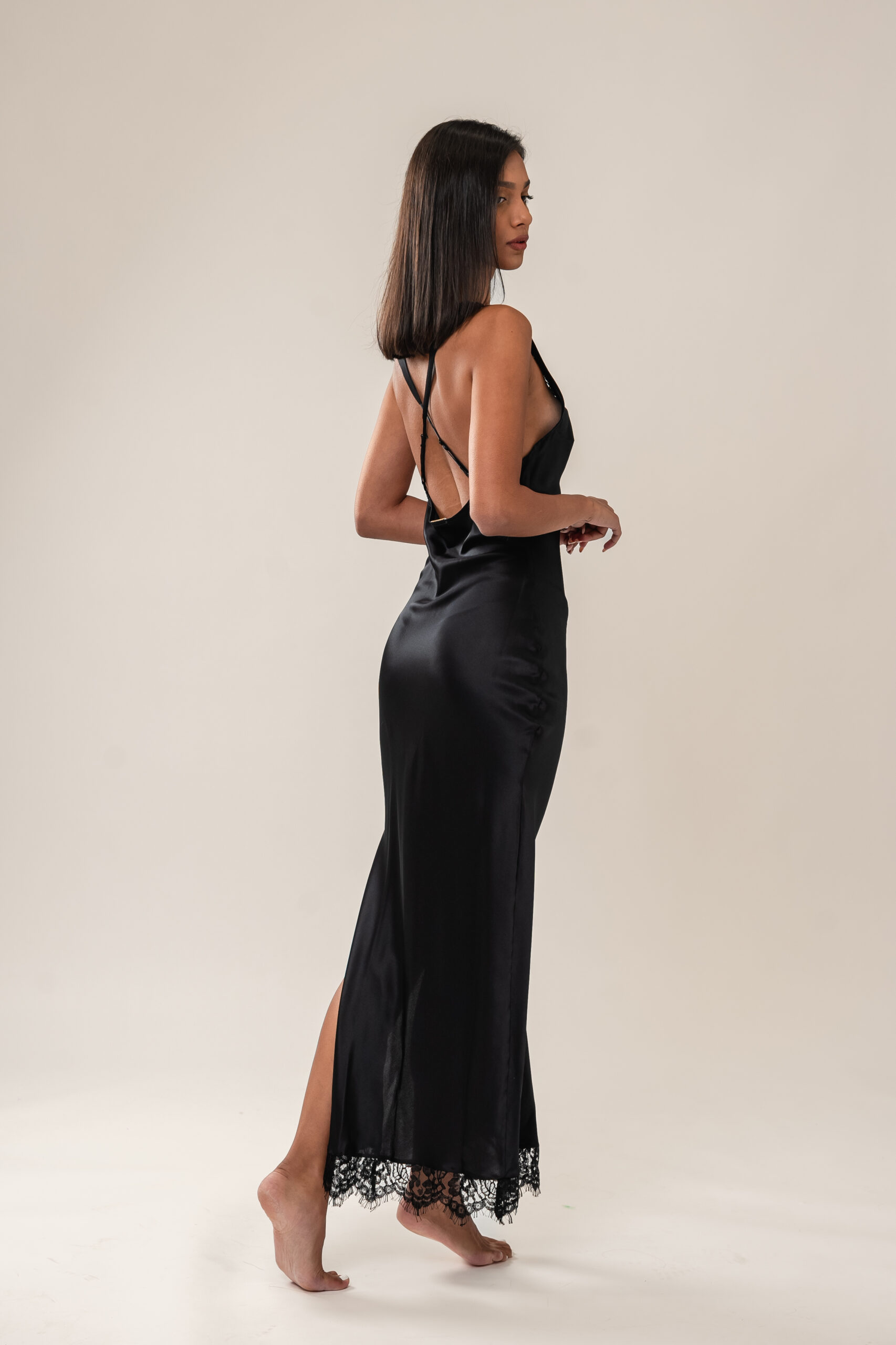 Romantic silk long slip with black France lace 3
