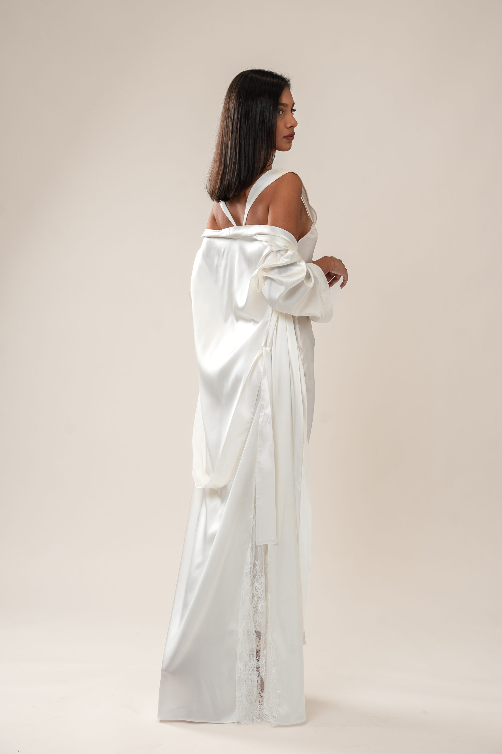 Romantic silk long slip, white with white France lace