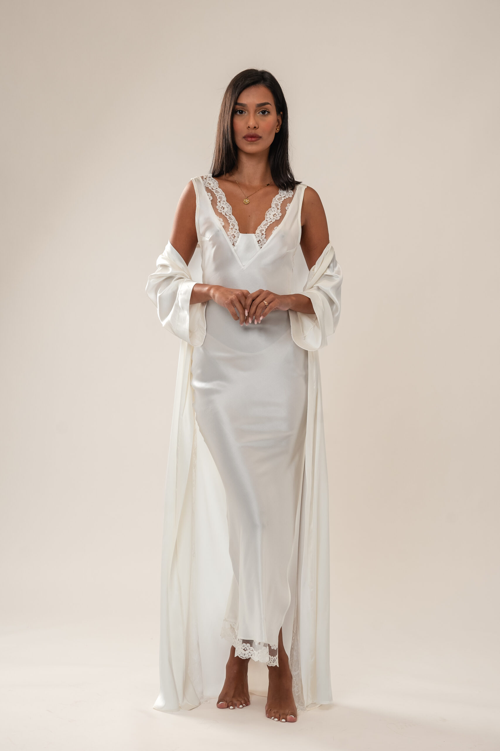 Romantic silk long slip, white with white France lace