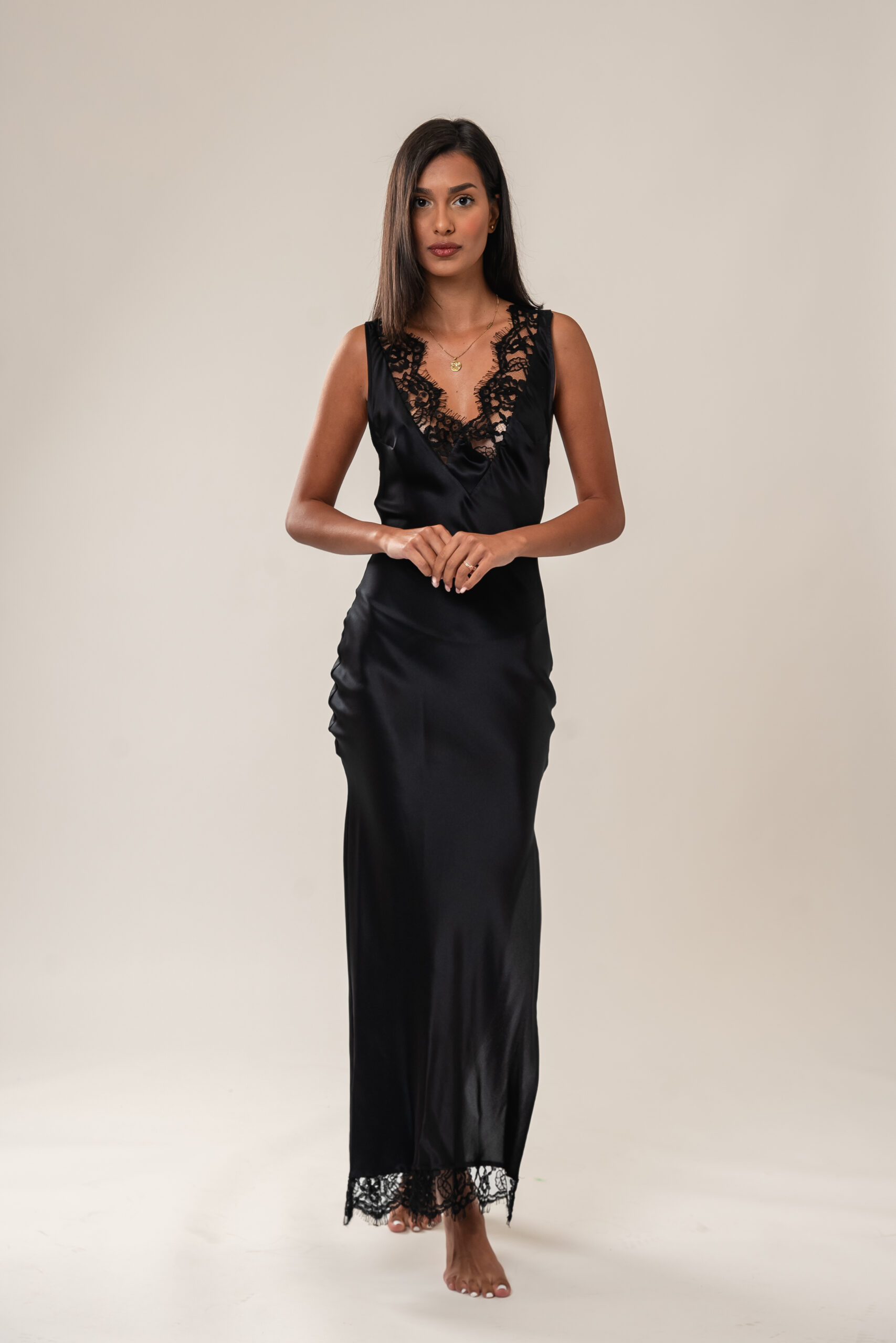 Romantic silk long slip with black France lace